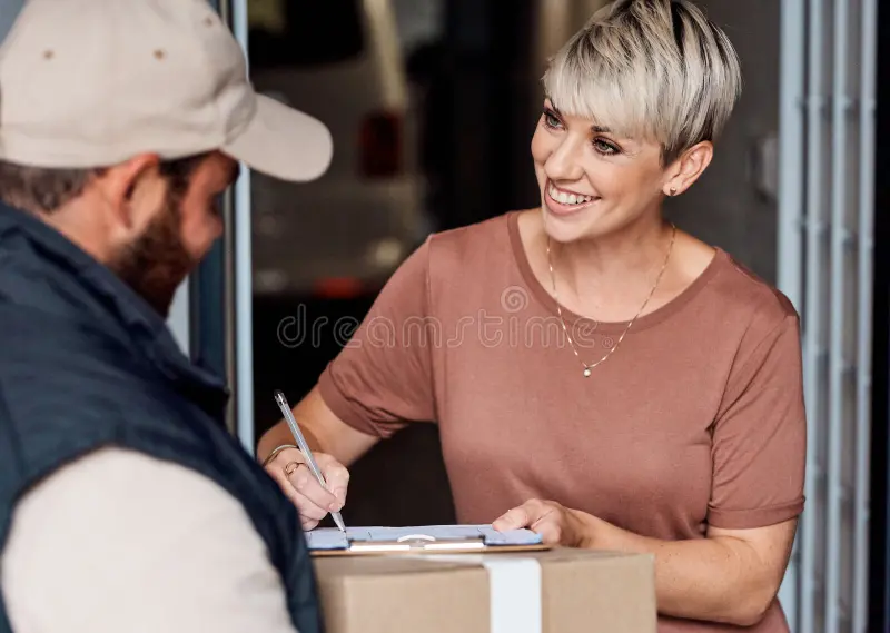 woman delivery man sign paper door courier service invoice shipment order clipboard receipt ecommerce distribution 357048046